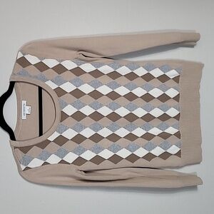 Vintage Liz Claiborne Argyle Sweater Size S Academia Old Money Plaid Knit Beige